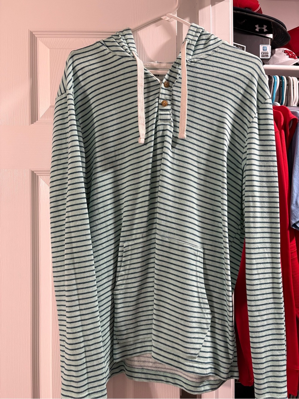 Men's Light Mint Green Striped Hooded Pullover Sweater